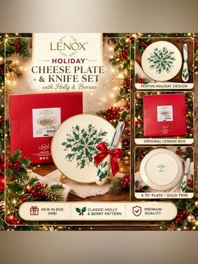 Lenox Holiday Cheese Plate & Knife Set Holly Berry NIB